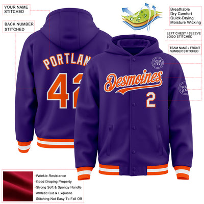 Custom Purple Orange-White Bomber Full-Snap Varsity Letterman Hoodie Jacket