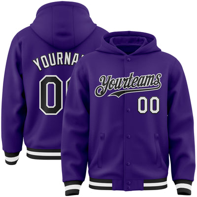 Custom Purple Black-White Bomber Full-Snap Varsity Letterman Hoodie Jacket