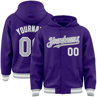 Custom Purple Gray-White Bomber Full-Snap Varsity Letterman Hoodie Jacket