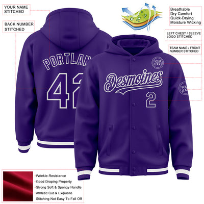 Custom Purple White Bomber Full-Snap Varsity Letterman Hoodie Jacket