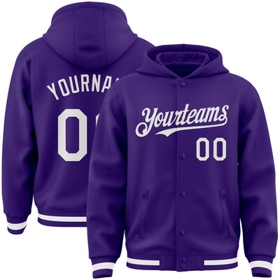 Custom Purple White Bomber Full-Snap Varsity Letterman Hoodie Jacket