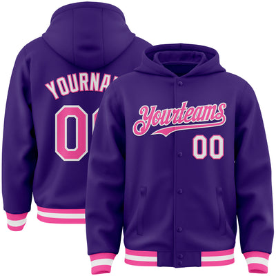 Custom Purple Pink-White Bomber Full-Snap Varsity Letterman Hoodie Jacket