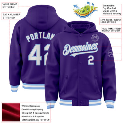 Custom Purple White-Light Blue Bomber Full-Snap Varsity Letterman Hoodie Jacket