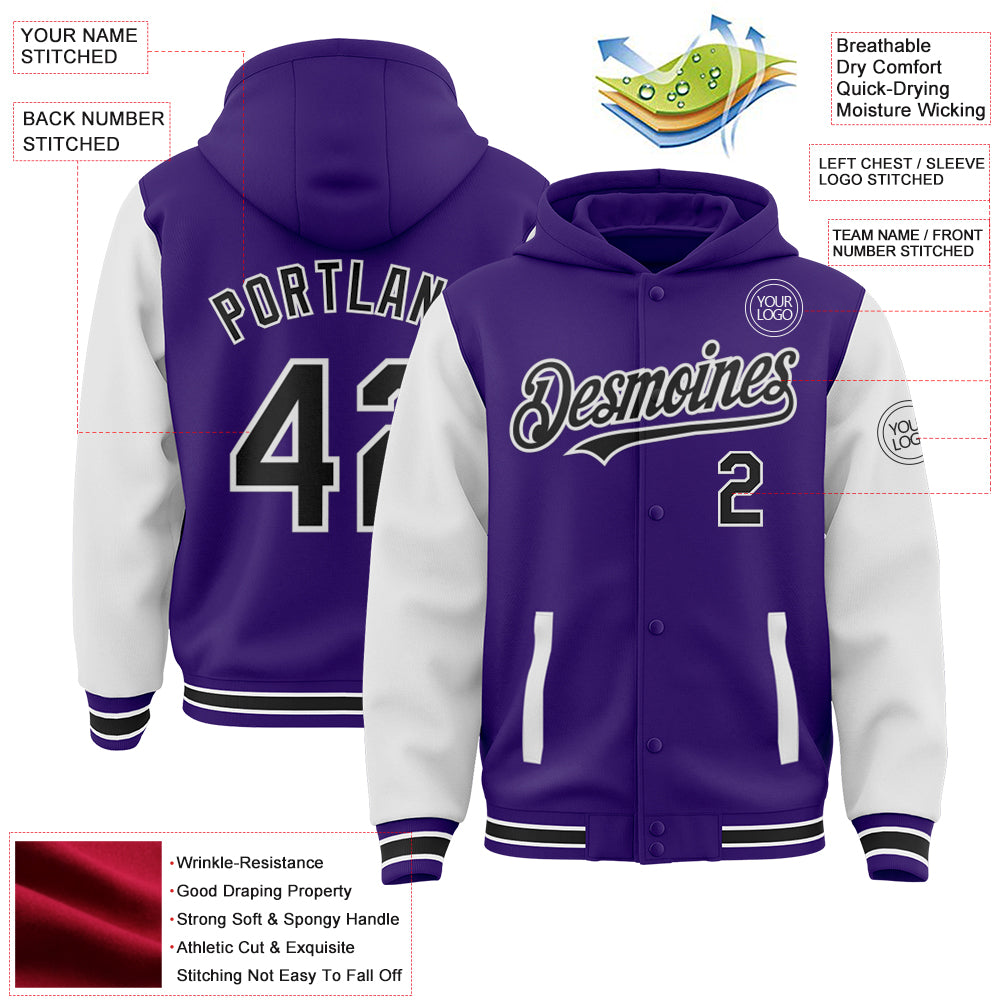 Custom Purple Black-White Bomber Full-Snap Varsity Letterman Two Tone Hoodie Jacket