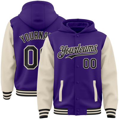 Custom Purple Black-Cream Bomber Full-Snap Varsity Letterman Two Tone Hoodie Jacket