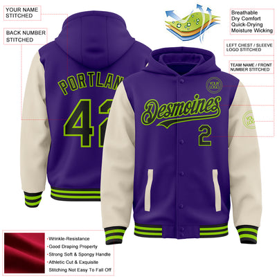 Custom Purple Black Cream-Neon Green Bomber Full-Snap Varsity Letterman Two Tone Hoodie Jacket