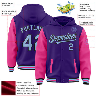 Custom Purple Light Blue Pink-Black Bomber Full-Snap Varsity Letterman Two Tone Hoodie Jacket