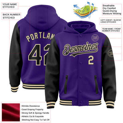 Custom Purple Black-Cream Bomber Full-Snap Varsity Letterman Two Tone Hoodie Jacket