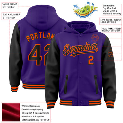 Custom Purple Black-Orange Bomber Full-Snap Varsity Letterman Two Tone Hoodie Jacket