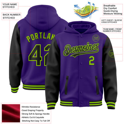 Custom Purple Black-Neon Green Bomber Full-Snap Varsity Letterman Two Tone Hoodie Jacket