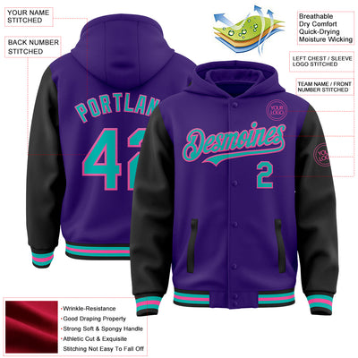 Custom Purple Aqua Black-Pink Bomber Full-Snap Varsity Letterman Two Tone Hoodie Jacket