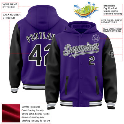 Custom Purple Black-Gray Bomber Full-Snap Varsity Letterman Two Tone Hoodie Jacket