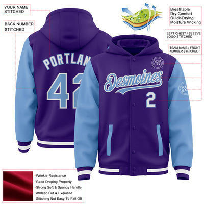 Custom Purple Light Blue-White Bomber Full-Snap Varsity Letterman Two Tone Hoodie Jacket