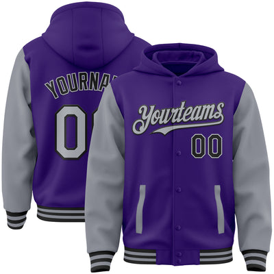 Custom Purple Gray-Black Bomber Full-Snap Varsity Letterman Two Tone Hoodie Jacket