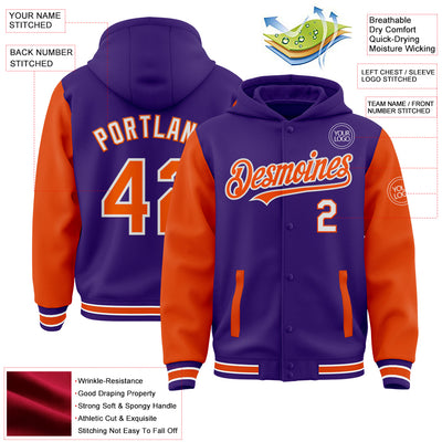 Custom Purple Orange-White Bomber Full-Snap Varsity Letterman Two Tone Hoodie Jacket