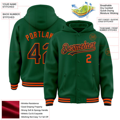 Custom Kelly Green Black-Orange Bomber Full-Snap Varsity Letterman Hoodie Jacket