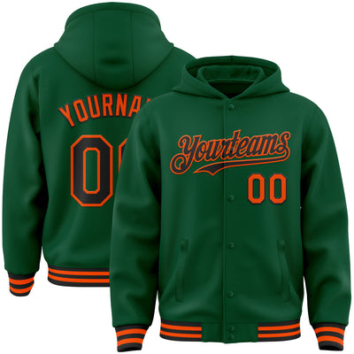 Custom Kelly Green Black-Orange Bomber Full-Snap Varsity Letterman Hoodie Jacket