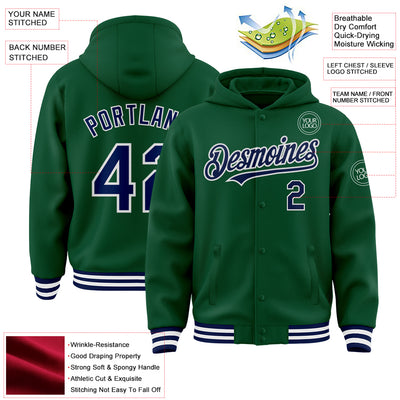 Custom Kelly Green Navy-White Bomber Full-Snap Varsity Letterman Hoodie Jacket