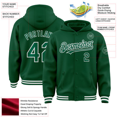 Custom Kelly Green White Bomber Full-Snap Varsity Letterman Hoodie Jacket