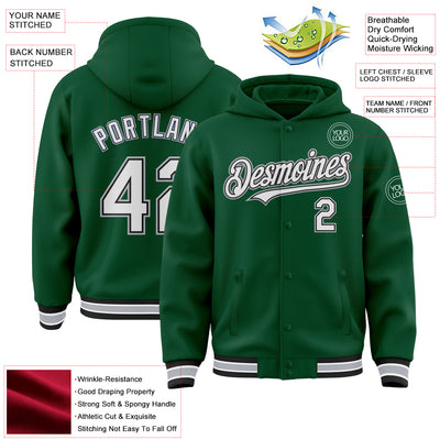 Custom Kelly Green Black-Gray Bomber Full-Snap Varsity Letterman Hoodie Jacket