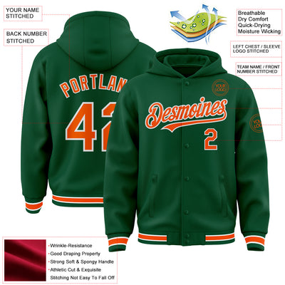 Custom Kelly Green Orange-White Bomber Full-Snap Varsity Letterman Hoodie Jacket