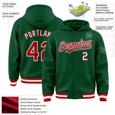 Custom Kelly Green Red-White Bomber Full-Snap Varsity Letterman Hoodie Jacket