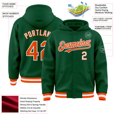 Custom Kelly Green Orange-White Bomber Full-Snap Varsity Letterman Hoodie Jacket