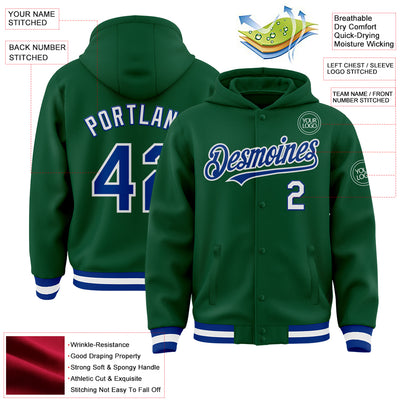 Custom Kelly Green Royal-White Bomber Full-Snap Varsity Letterman Hoodie Jacket