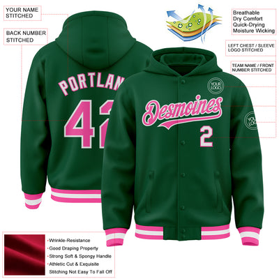 Custom Kelly Green Pink-White Bomber Full-Snap Varsity Letterman Hoodie Jacket