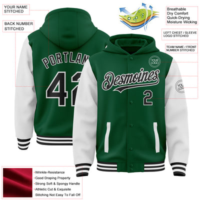 Custom Kelly Green Black-White Bomber Full-Snap Varsity Letterman Two Tone Hoodie Jacket