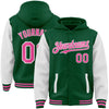 Custom Kelly Green Pink-White Bomber Full-Snap Varsity Letterman Two Tone Hoodie Jacket