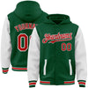 Custom Kelly Green Red-White Bomber Full-Snap Varsity Letterman Two Tone Hoodie Jacket