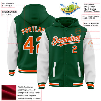 Custom Kelly Green Orange-White Bomber Full-Snap Varsity Letterman Two Tone Hoodie Jacket