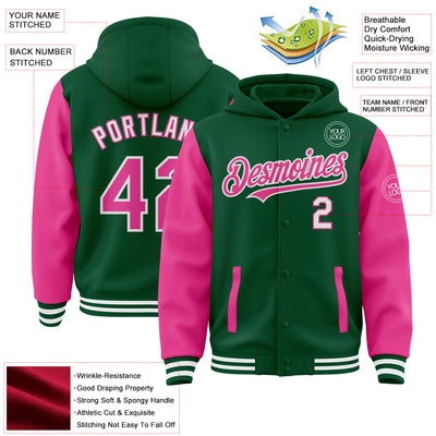 Custom Kelly Green Pink-White Bomber Full-Snap Varsity Letterman Two Tone Hoodie Jacket