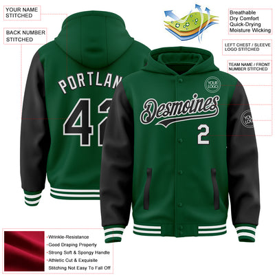 Custom Kelly Green Black-White Bomber Full-Snap Varsity Letterman Two Tone Hoodie Jacket