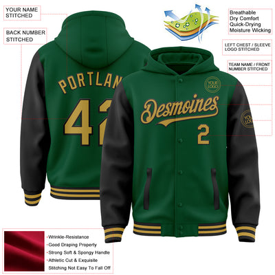 Custom Kelly Green Old Gold-Black Bomber Full-Snap Varsity Letterman Two Tone Hoodie Jacket