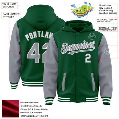 Custom Kelly Green Gray-White Bomber Full-Snap Varsity Letterman Two Tone Hoodie Jacket