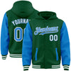 Custom Kelly Green Powder Blue-White Bomber Full-Snap Varsity Letterman Two Tone Hoodie Jacket