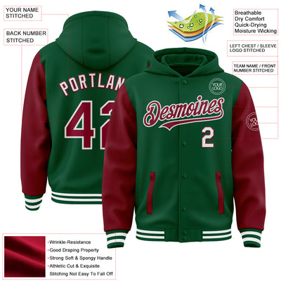 Custom Kelly Green Crimson-White Bomber Full-Snap Varsity Letterman Two Tone Hoodie Jacket