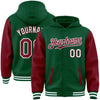 Custom Kelly Green Crimson-White Bomber Full-Snap Varsity Letterman Two Tone Hoodie Jacket