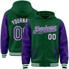 Custom Kelly Green Purple-White Bomber Full-Snap Varsity Letterman Two Tone Hoodie Jacket