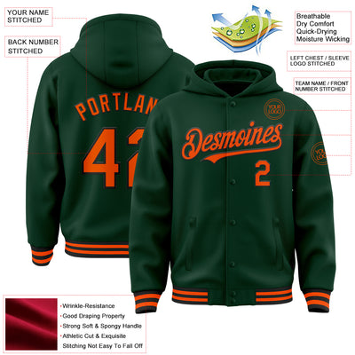 Custom Green Orange-Black Bomber Full-Snap Varsity Letterman Hoodie Jacket