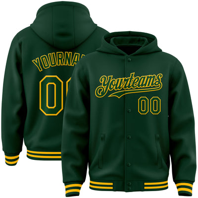 Custom Green Gold Bomber Full-Snap Varsity Letterman Hoodie Jacket