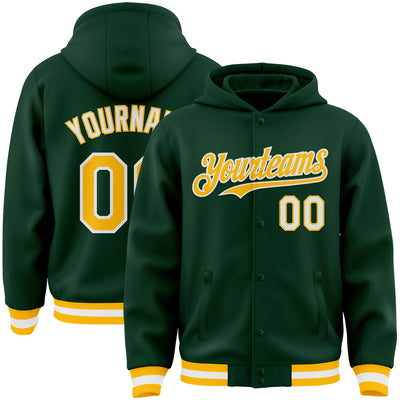 Custom Green Gold-White Bomber Full-Snap Varsity Letterman Hoodie Jacket