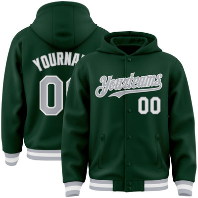 Custom Green Gray-White Bomber Full-Snap Varsity Letterman Hoodie Jacket