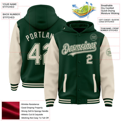 Custom Green Cream Bomber Full-Snap Varsity Letterman Two Tone Hoodie Jacket