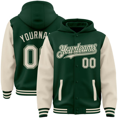 Custom Green Cream Bomber Full-Snap Varsity Letterman Two Tone Hoodie Jacket