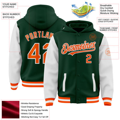 Custom Green Orange-White Bomber Full-Snap Varsity Letterman Two Tone Hoodie Jacket