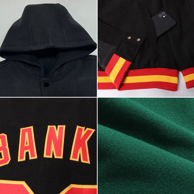 Custom Green Black-Old Gold Bomber Full-Snap Varsity Letterman Two Tone Hoodie Jacket