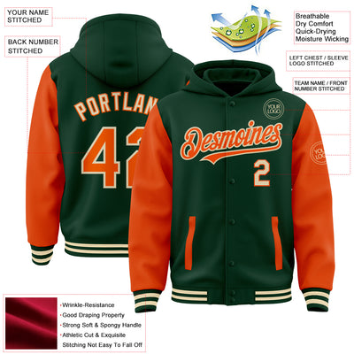 Custom Green Orange-Cream Bomber Full-Snap Varsity Letterman Two Tone Hoodie Jacket